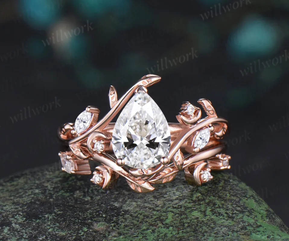 Pear IGI Certified Lab Grown Diamond Engagement Ring Nature Inspired Leaf Moon Wedding Bridal Ring Set sold by Willwork Jewelry