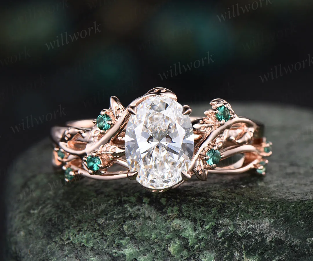 Oval Cut IGI Lab Grown Diamond Engagement Ring Set Twig Leaf Ring Art Deco Emerald Wedding Bridal Set sold by Willwork Jewelry