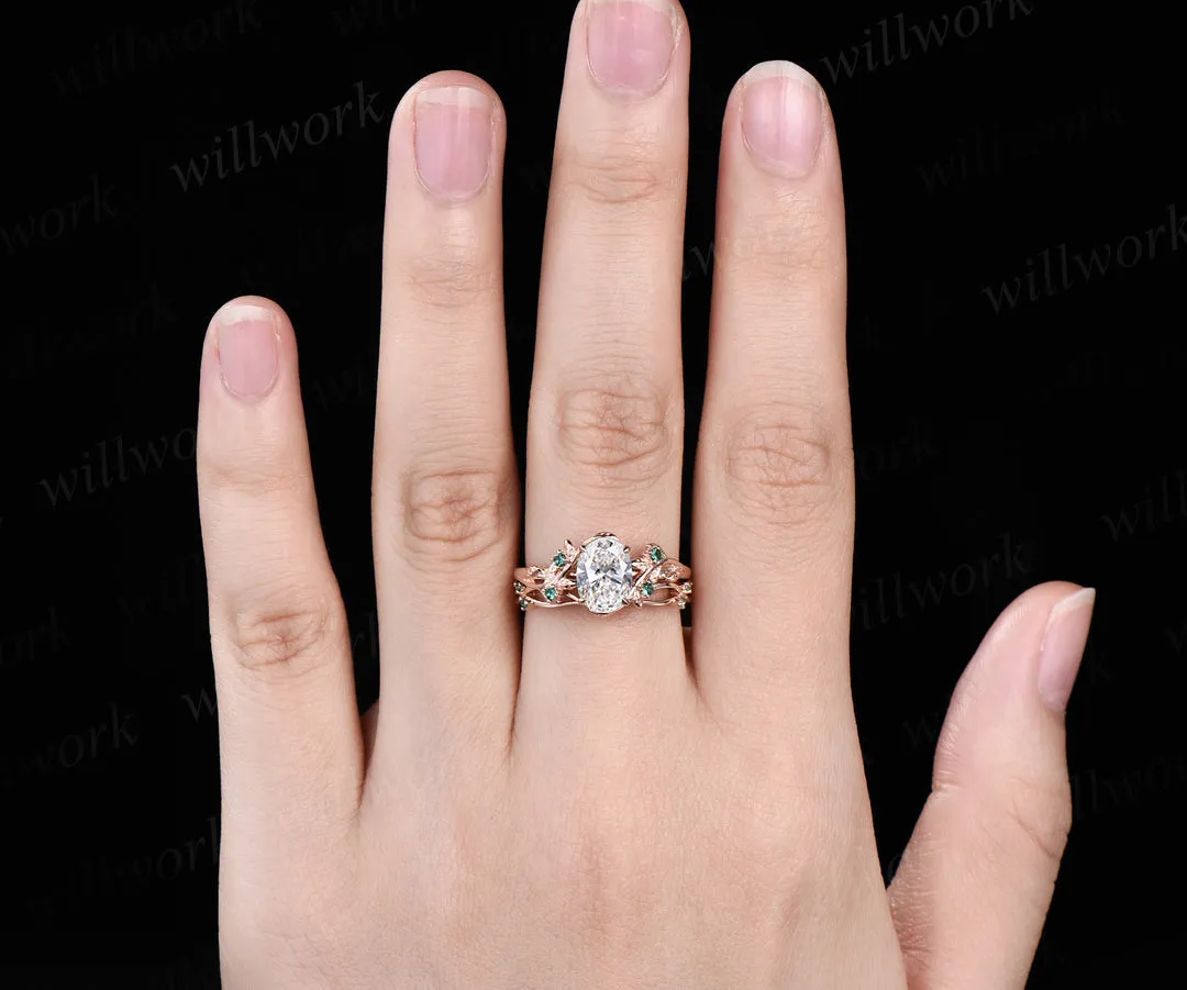 Oval Cut IGI Lab Grown Diamond Engagement Ring Set Twig Leaf Ring Art Deco Emerald Wedding Bridal Set sold by Willwork Jewelry product image thumbnail 2