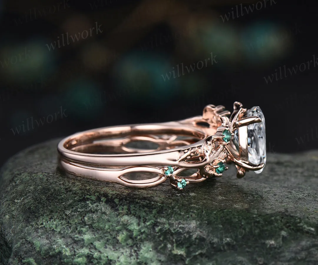 Oval Cut IGI Lab Grown Diamond Engagement Ring Set Twig Leaf Ring Art Deco Emerald Wedding Bridal Set sold by Willwork Jewelry product image thumbnail 5