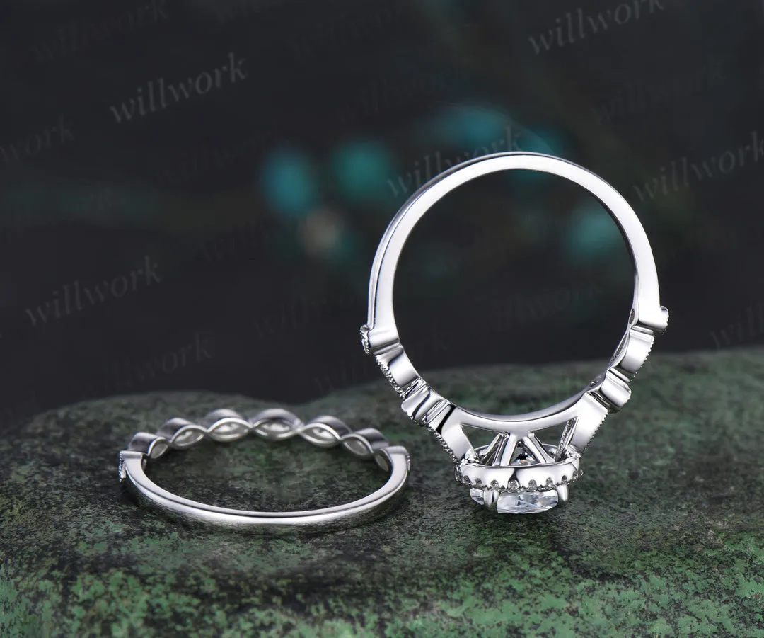 Round IGI Lab Grown Diamond Halo Engagement Ring Set Half Eternity Bridal Wedding Ring Set sold by Willwork Jewelry product image thumbnail 4