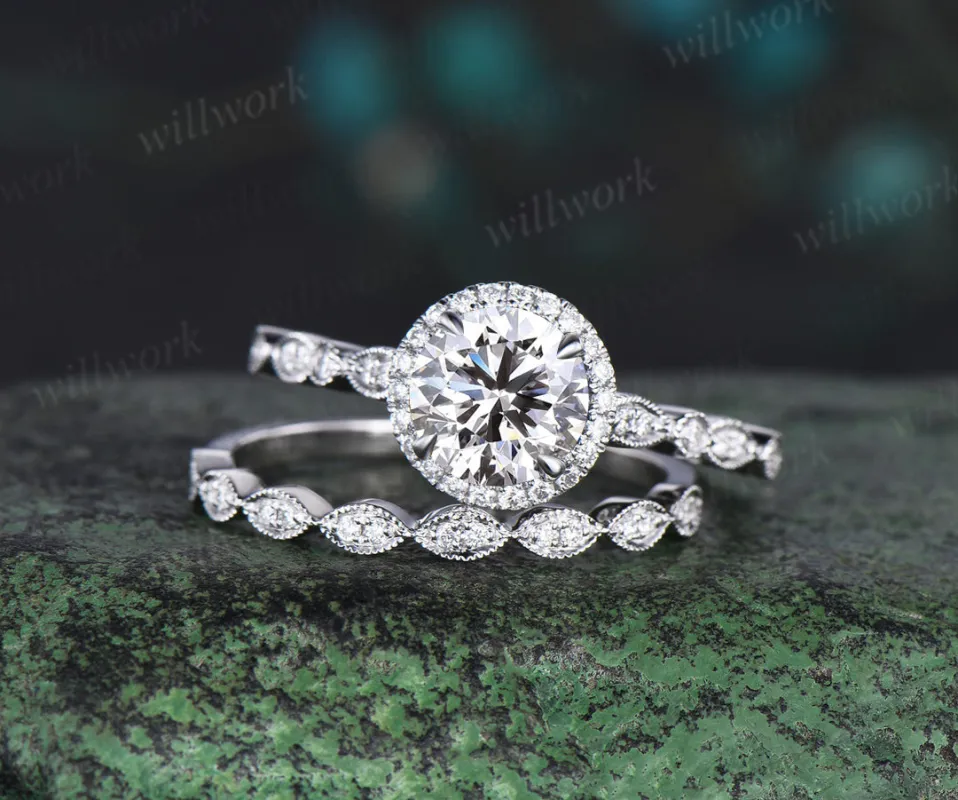 Round IGI Lab Grown Diamond Halo Engagement Ring Set Half Eternity Bridal Wedding Ring Set sold by Willwork Jewelry