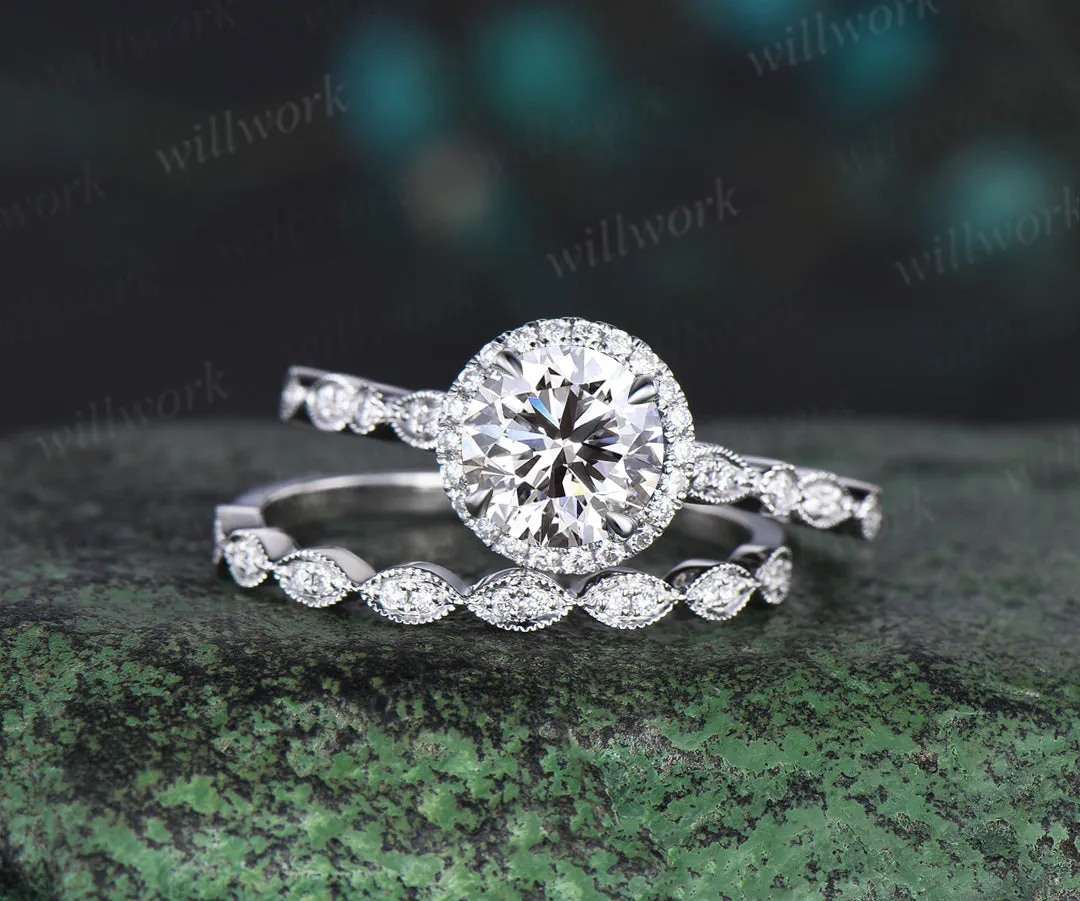 Round IGI Lab Grown Diamond Halo Engagement Ring Set Half Eternity Bridal Wedding Ring Set sold by Willwork Jewelry