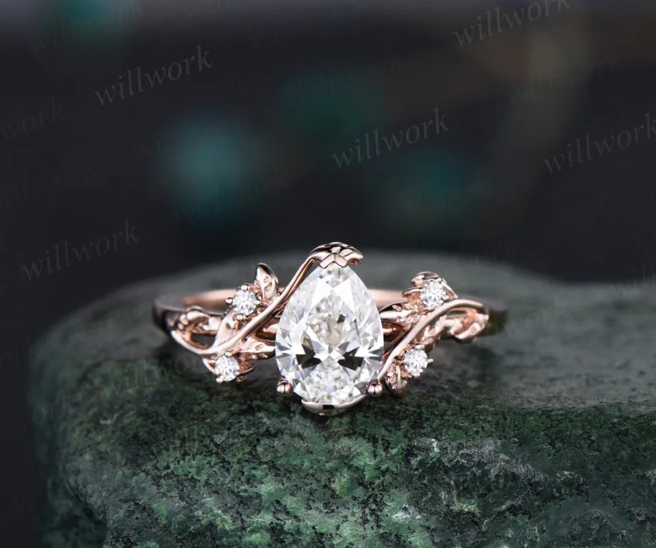 Pear IGI Lab Grown Diamond Engagement Ring Twig Leaf Nature Inspired Ring sold by Willwork Jewelry