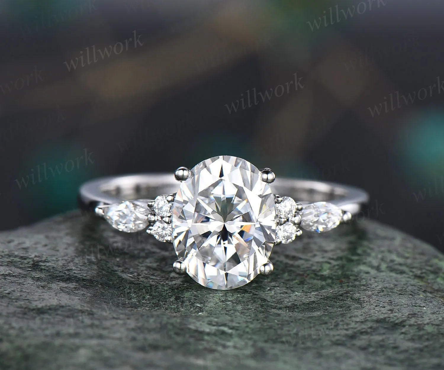 Oval IGI Lab Grown Diamond Engagement Ring Art Deco Unique 7 Stones Engagement Ring sold by Willwork Jewelry