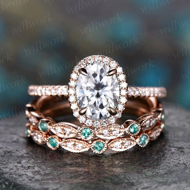 Vintage Oval Cut IGI Lab Grown Diamond Engagement Ring Set Halo Ring Half Eternity Bridal Wedding Set sold by Willwork Jewelry