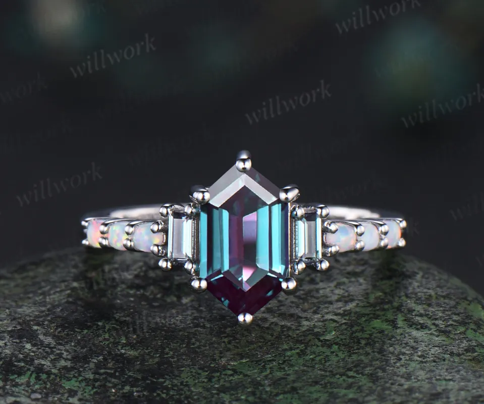 Unique Long hexagon baguette alexandrite engagement ring cluster opal wedding ring art deco proposal gifts sold by Willwork Jewelry