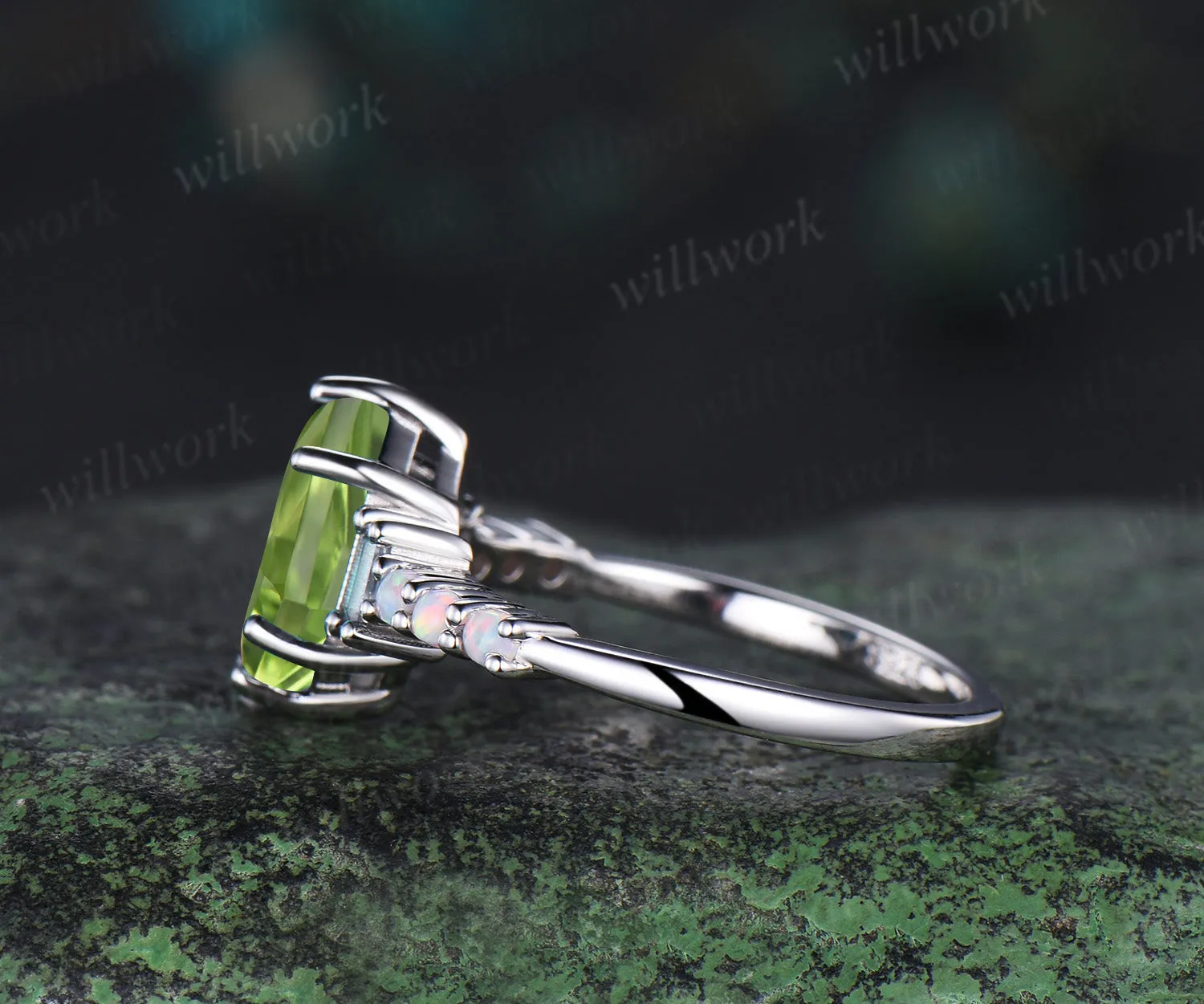 Unique Long hexagon natural peridot engagement ring cluster baguette alexandrite opal wedding ring art deco proposal gifts sold by Willwork Jewelry product image thumbnail 4