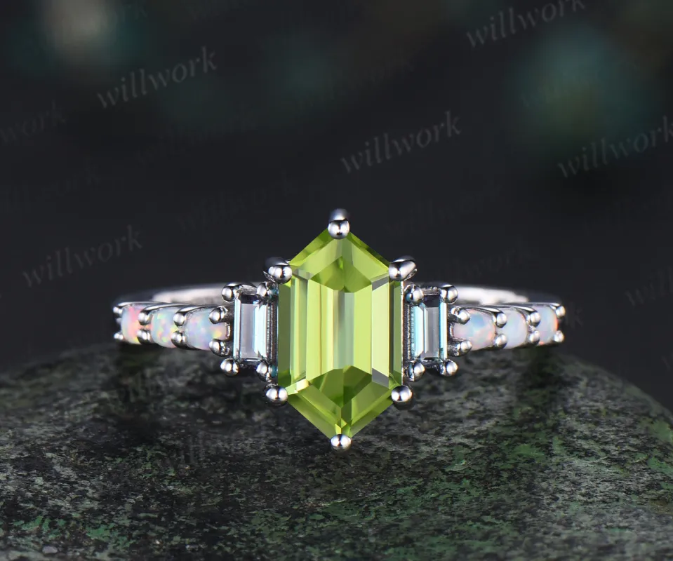 Unique Long hexagon natural peridot engagement ring cluster baguette alexandrite opal wedding ring art deco proposal gifts sold by Willwork Jewelry