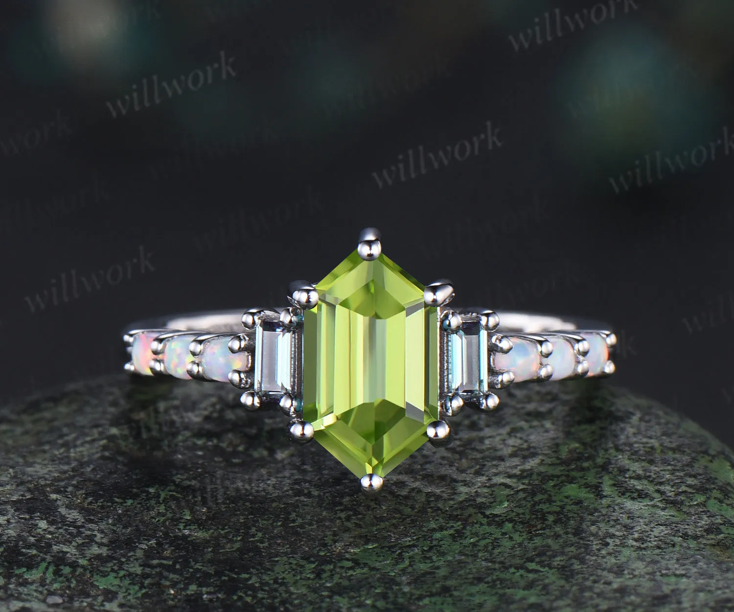 Unique Long hexagon natural peridot engagement ring cluster baguette alexandrite opal wedding ring art deco proposal gifts sold by Willwork Jewelry
