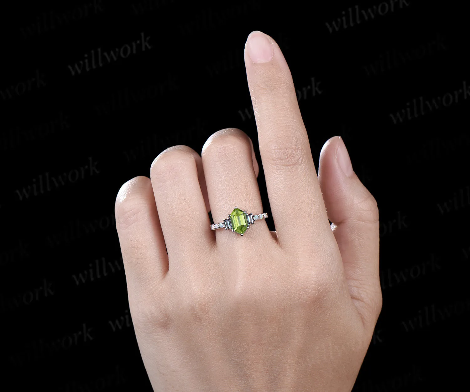 Unique Long hexagon natural peridot engagement ring cluster baguette alexandrite opal wedding ring art deco proposal gifts sold by Willwork Jewelry product image thumbnail 3