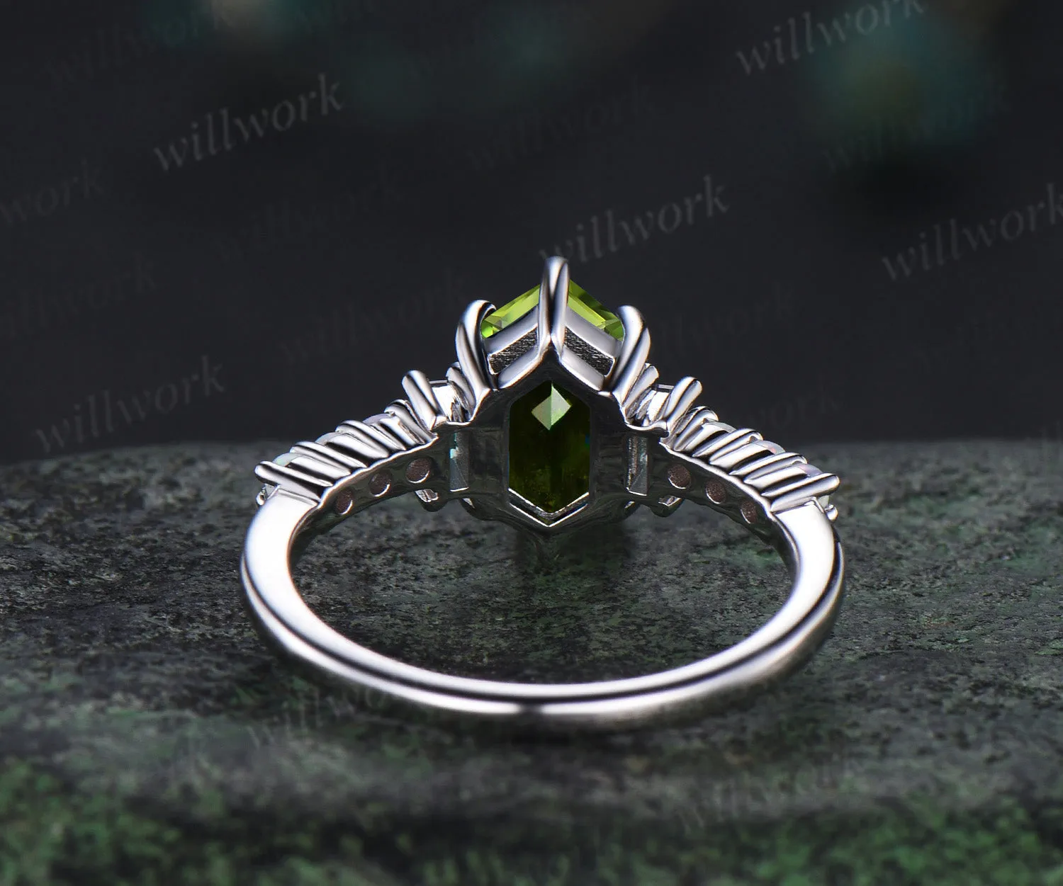 Unique Long hexagon natural peridot engagement ring cluster baguette alexandrite opal wedding ring art deco proposal gifts sold by Willwork Jewelry product image thumbnail 5