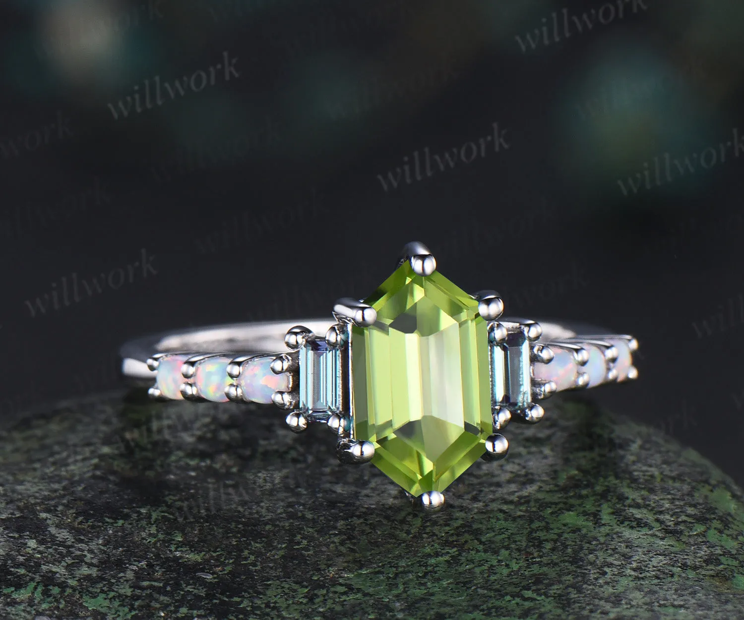 Unique Long hexagon natural peridot engagement ring cluster baguette alexandrite opal wedding ring art deco proposal gifts sold by Willwork Jewelry product image thumbnail 2