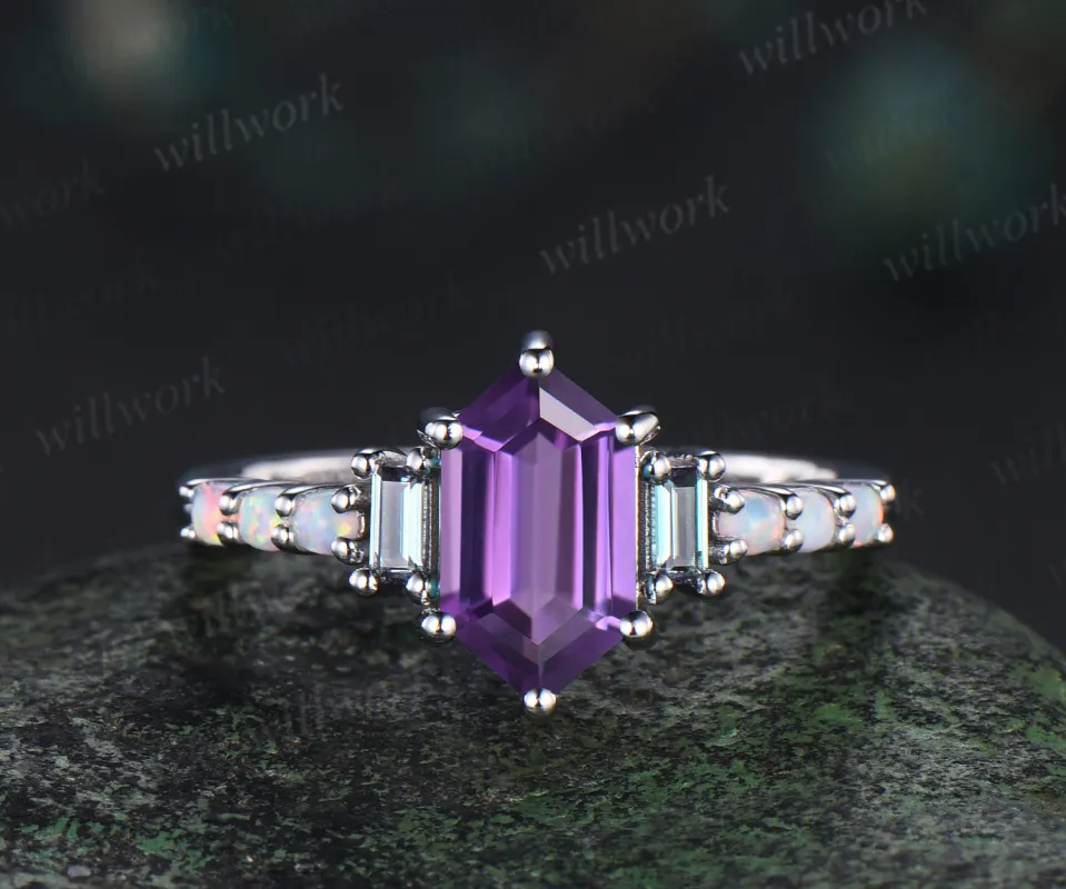 Unique Long hexagon cut amethyst engagement ring cluster baguette alexandrite opal wedding ring art deco proposal gifts sold by Willwork Jewelry