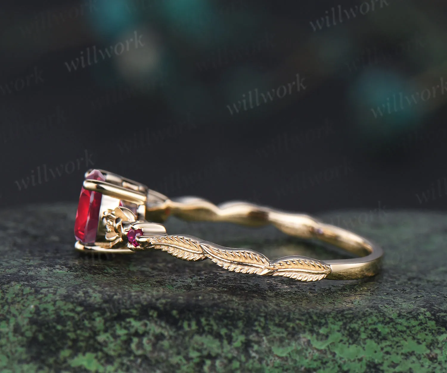1ct round cut red ruby ring vintage floral leaf engagement ring yellow gold ruby unique promise ring her sold by Willwork Jewelry product image thumbnail 3