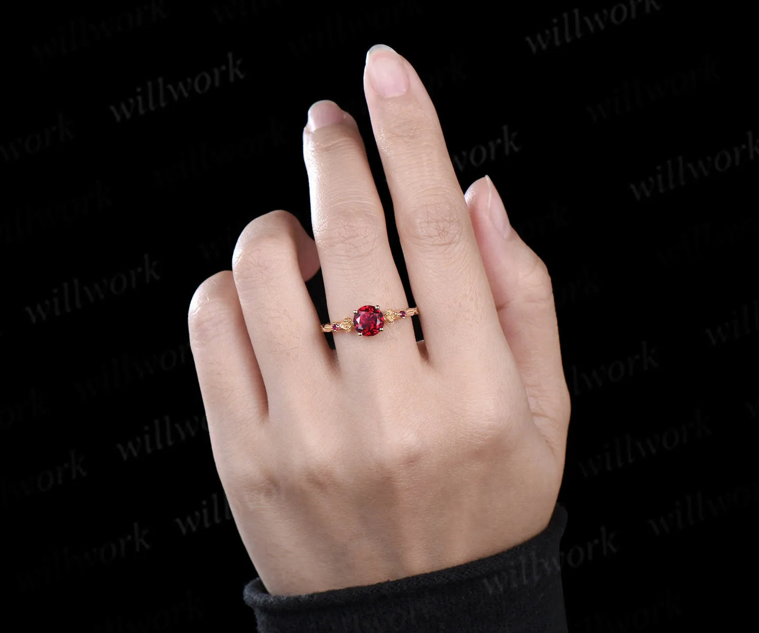 1ct round cut red ruby ring vintage floral leaf engagement ring yellow gold ruby unique promise ring her sold by Willwork Jewelry product image thumbnail 4
