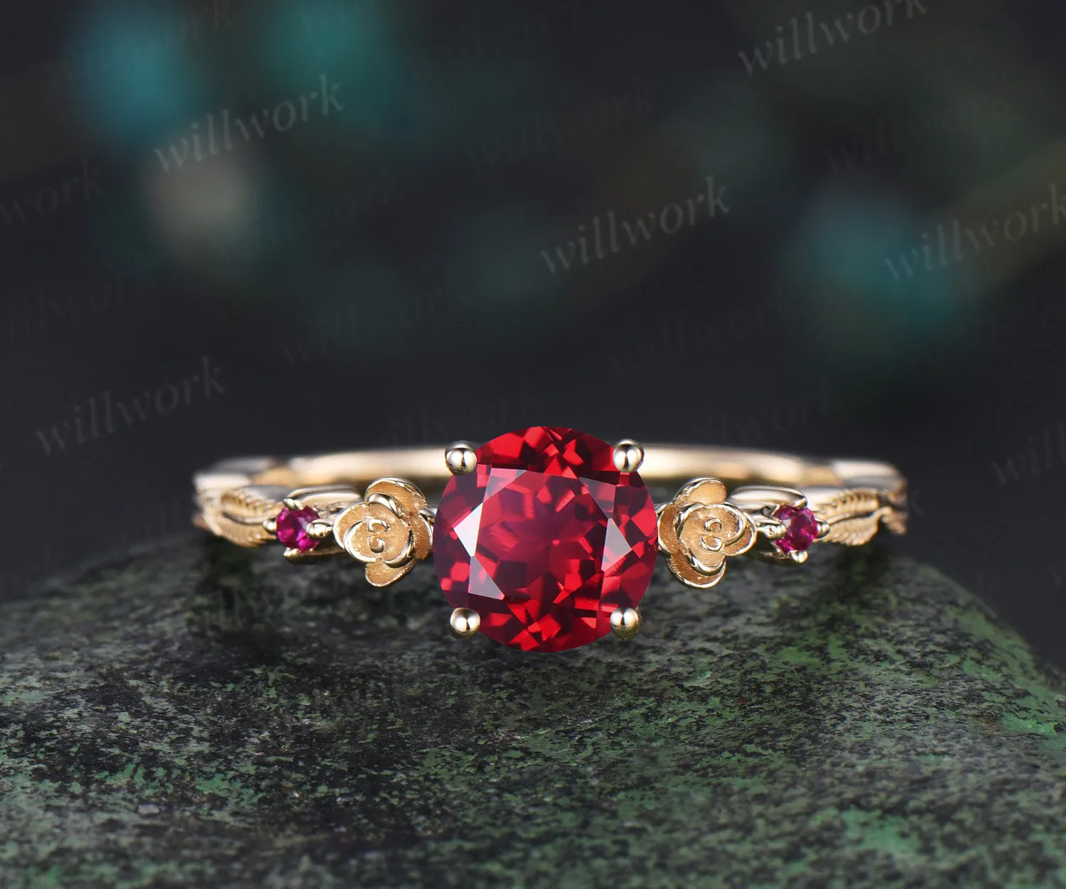 1ct round cut red ruby ring vintage floral leaf engagement ring yellow gold ruby unique promise ring her sold by Willwork Jewelry