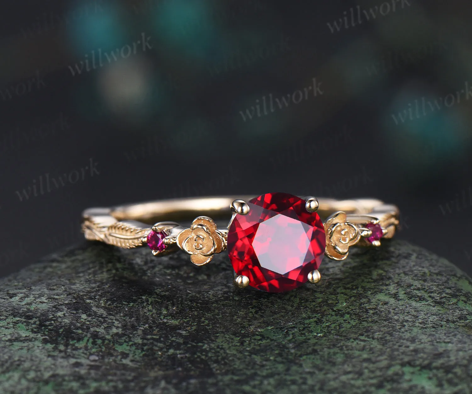 1ct round cut red ruby ring vintage floral leaf engagement ring yellow gold ruby unique promise ring her sold by Willwork Jewelry product image thumbnail 2