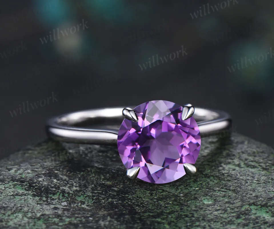3ct round cut purple amethyst engagement ring hidden halo diamond wedding ring women 14k white gold sold by Willwork Jewelry
