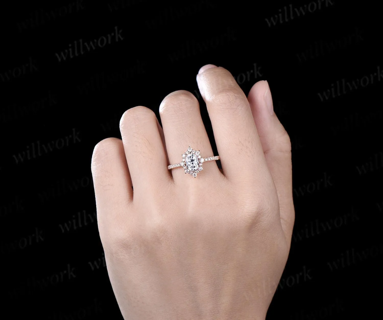 1ct oval cut moissanite ring vintage snowdrift halo engagement ring women rose gold half eternity diamond promise ring her antique jewelry sold by Willwork Jewelry product image thumbnail 3