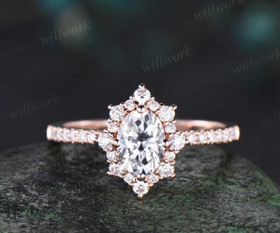 1ct oval cut moissanite ring vintage snowdrift halo engagement ring women rose gold half eternity diamond promise ring her antique jewelry sold by Willwork Jewelry