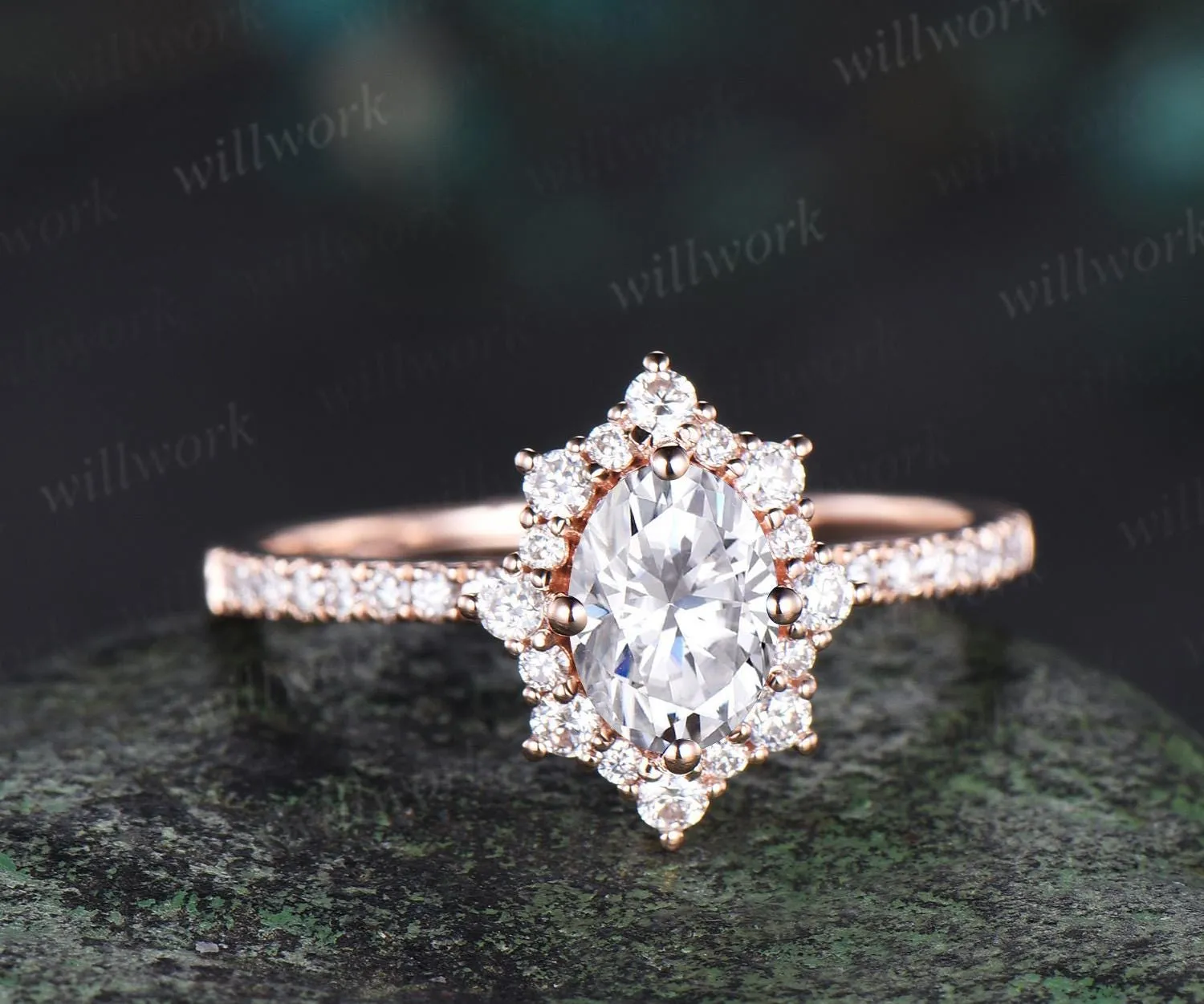 1ct oval cut moissanite ring vintage snowdrift halo engagement ring women rose gold half eternity diamond promise ring her antique jewelry sold by Willwork Jewelry product image thumbnail 2