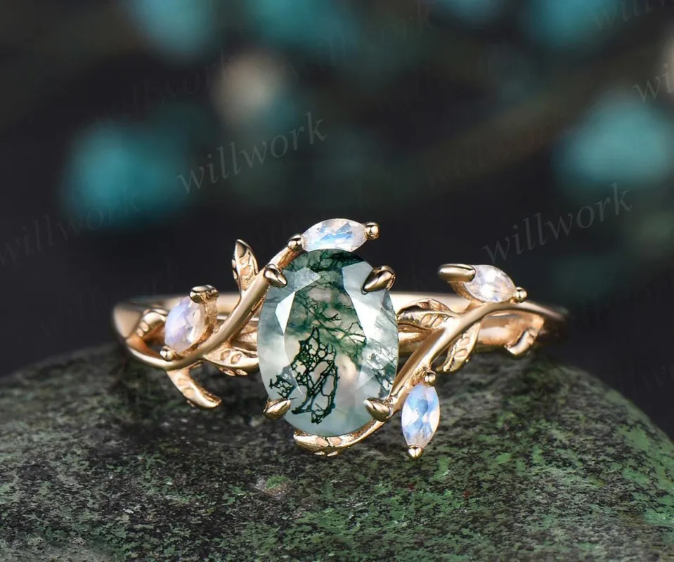 Oval moss agate ring vintage leaf marquise moonstone ring women unique nature inspired engagement ring twig wedding ring yellow gold gift sold by Willwork Jewelry