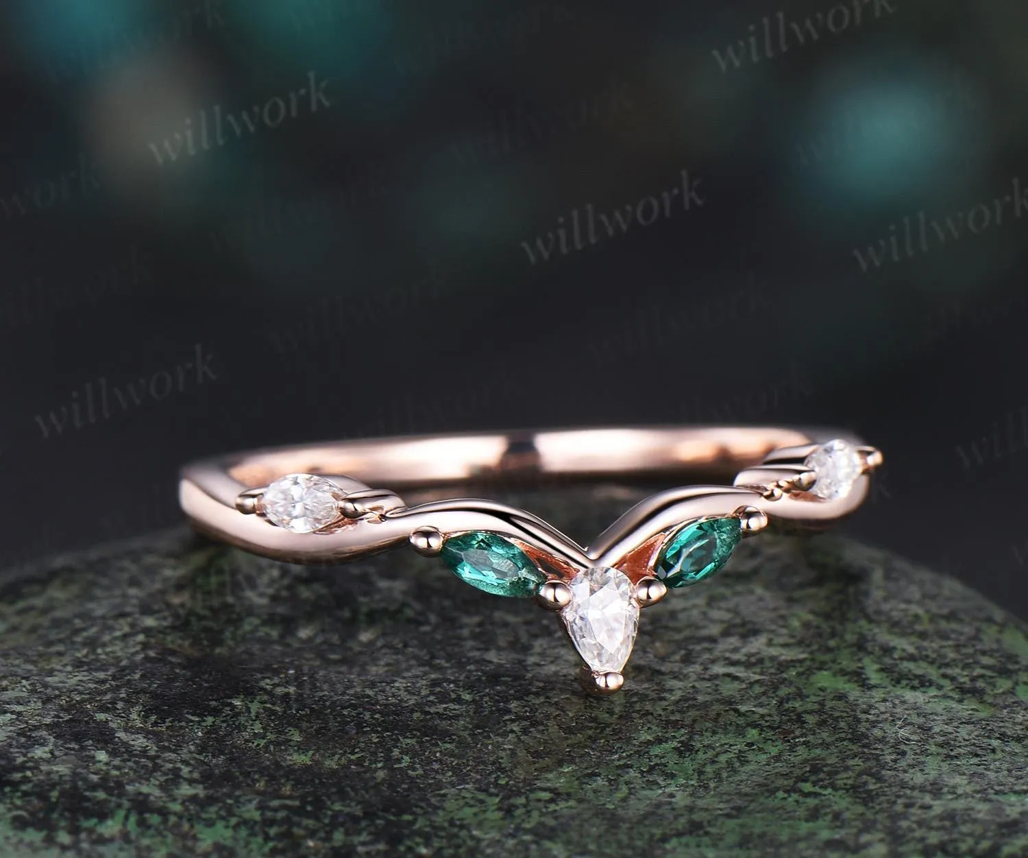 Curved twisted emerald diamond wedding band 14k rose gold art deco stacking wedding ring band women birthstone anniversary ring gift sold by Willwork Jewelry product image thumbnail 5