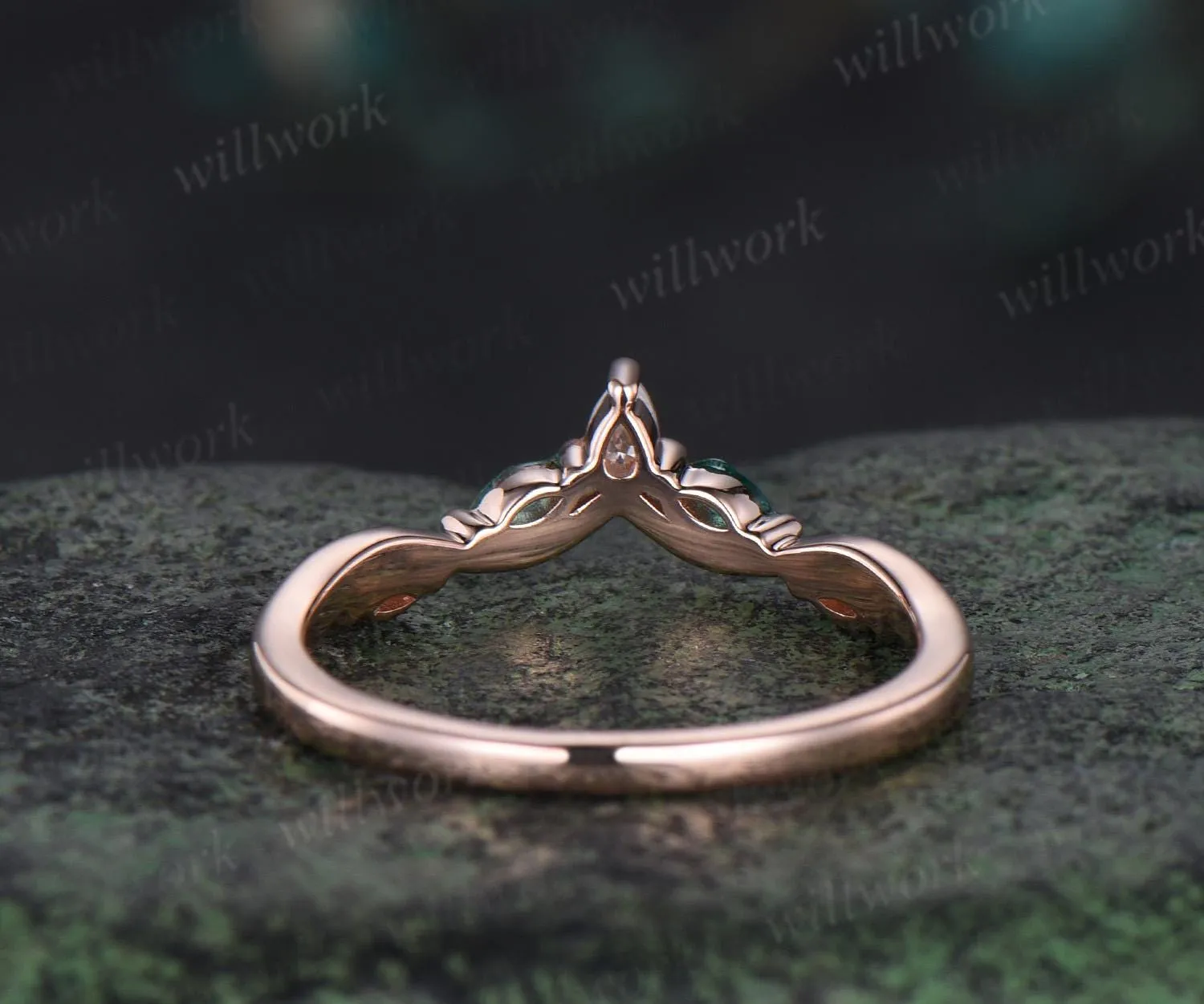 Curved twisted emerald diamond wedding band 14k rose gold art deco stacking wedding ring band women birthstone anniversary ring gift sold by Willwork Jewelry product image thumbnail 2