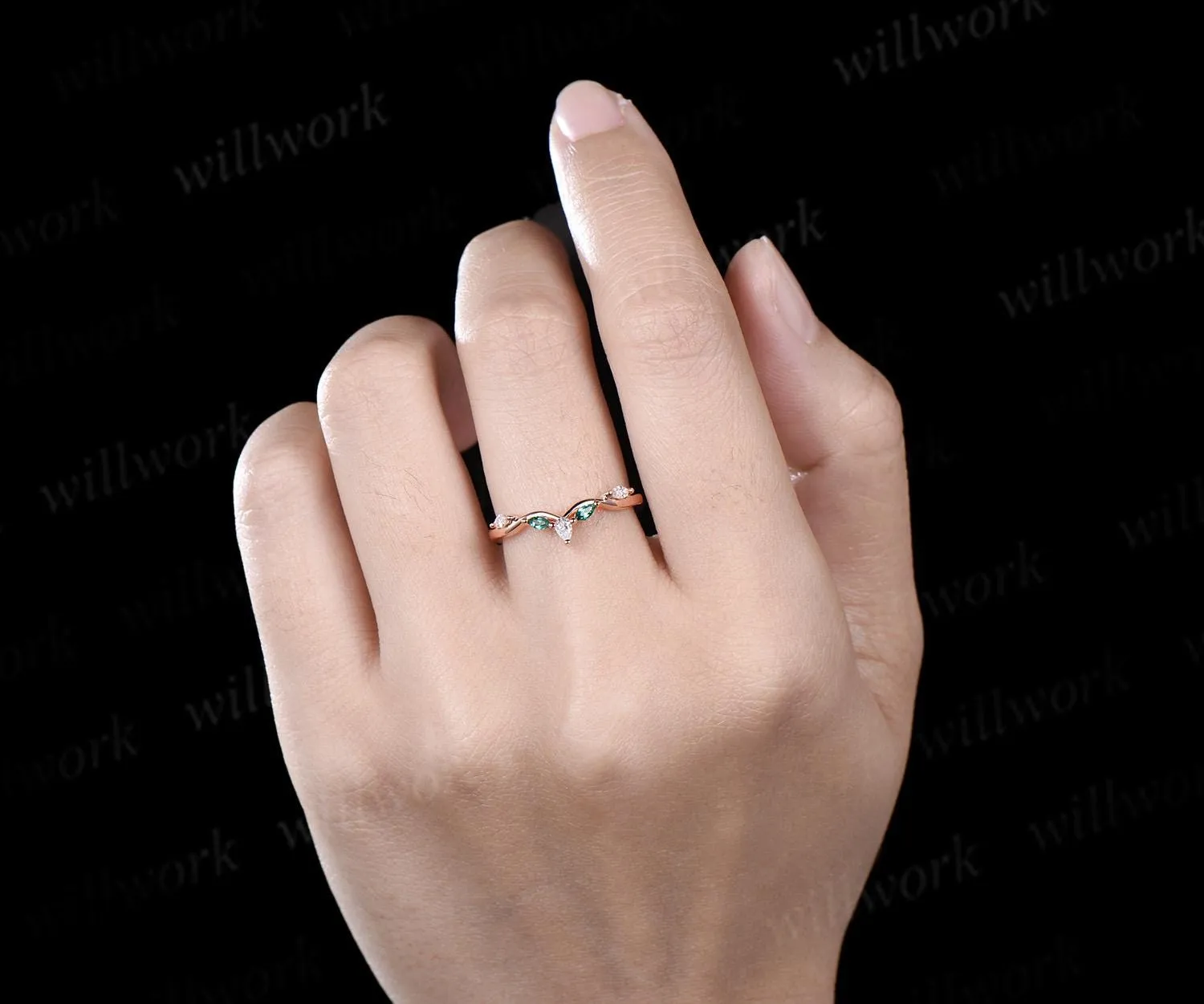 Curved twisted emerald diamond wedding band 14k rose gold art deco stacking wedding ring band women birthstone anniversary ring gift sold by Willwork Jewelry product image thumbnail 3