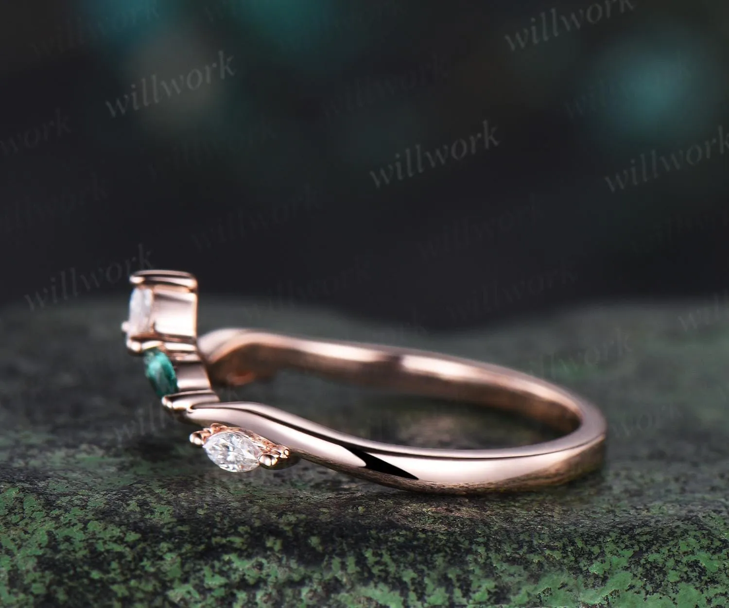 Curved twisted emerald diamond wedding band 14k rose gold art deco stacking wedding ring band women birthstone anniversary ring gift sold by Willwork Jewelry product image thumbnail 4