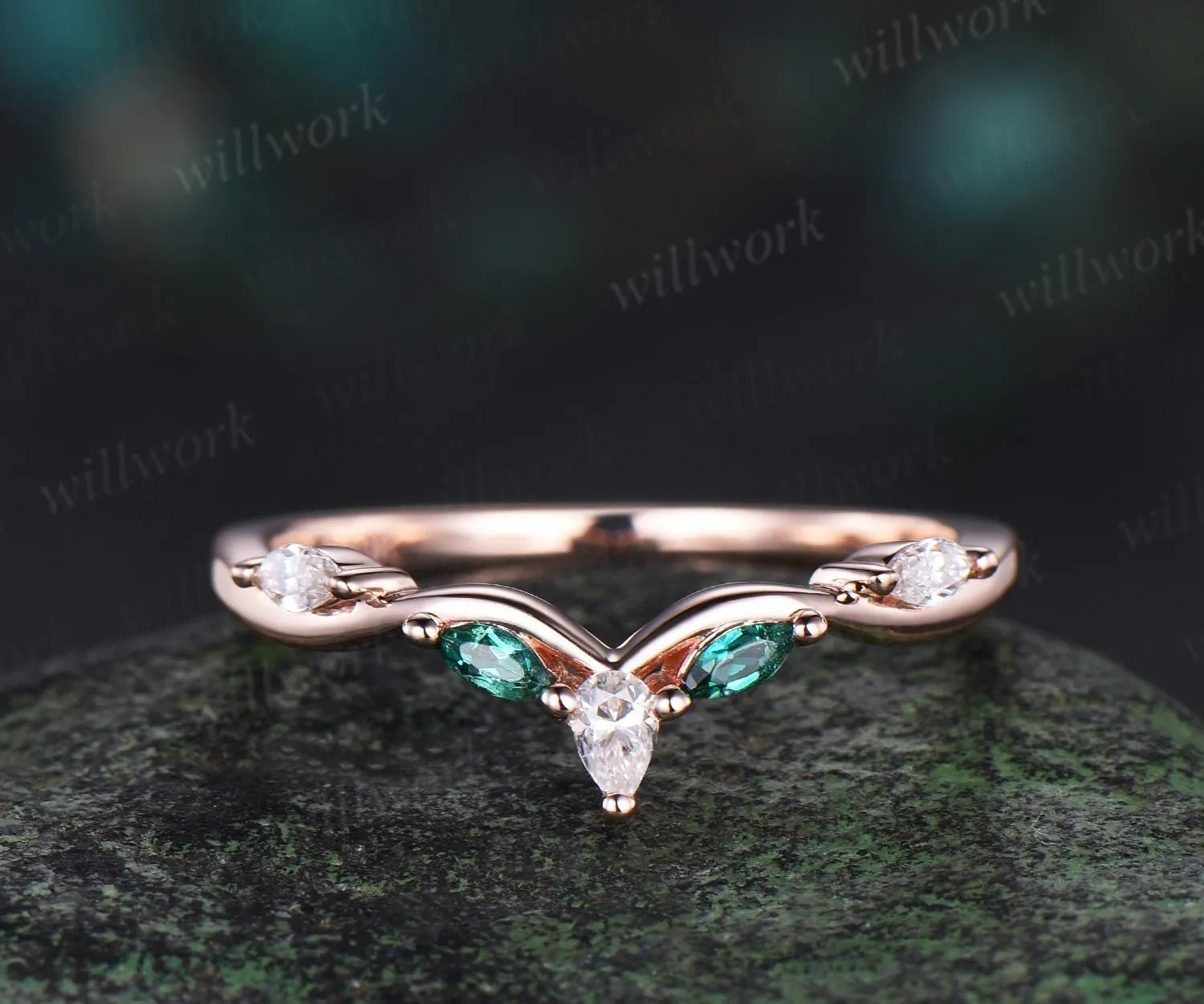 Curved twisted emerald diamond wedding band 14k rose gold art deco stacking wedding ring band women birthstone anniversary ring gift sold by Willwork Jewelry