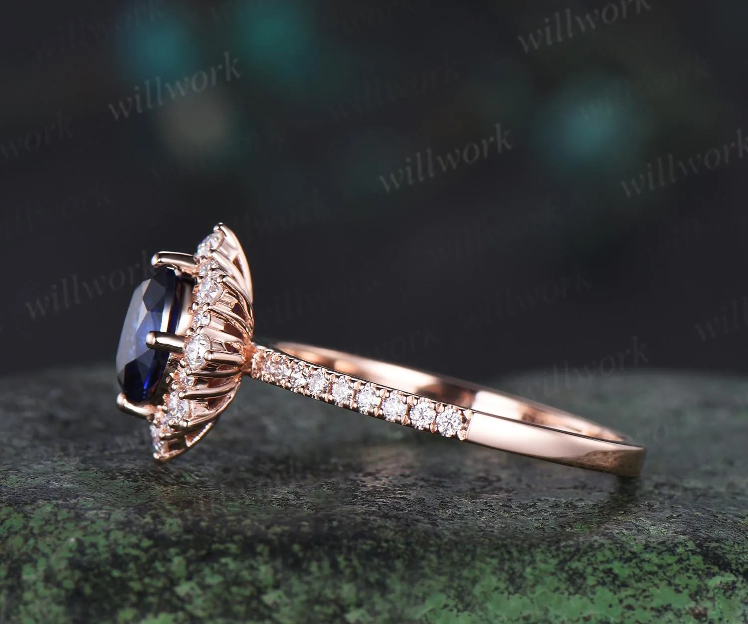 1ct oval cut sapphire engagement ring snowdrift halo diamond 14k rose gold ring women half eternity unique wedding promise ring sold by Willwork Jewelry product image thumbnail 5