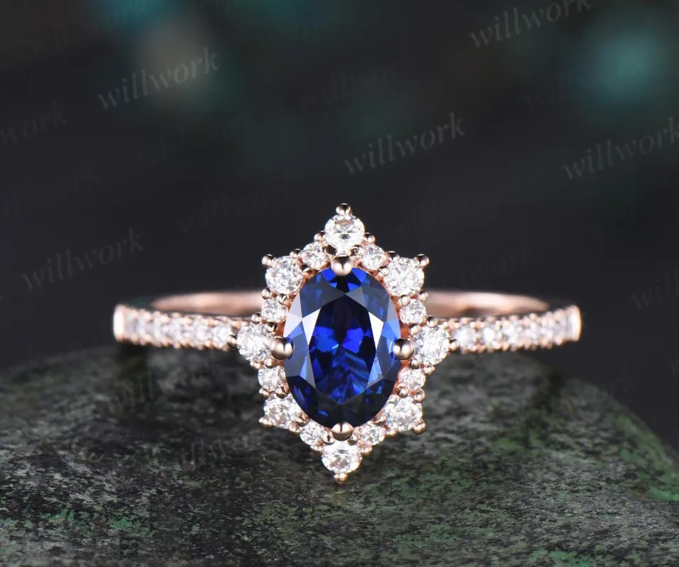 1ct oval cut sapphire engagement ring snowdrift halo diamond 14k rose gold ring women half eternity unique wedding promise ring sold by Willwork Jewelry