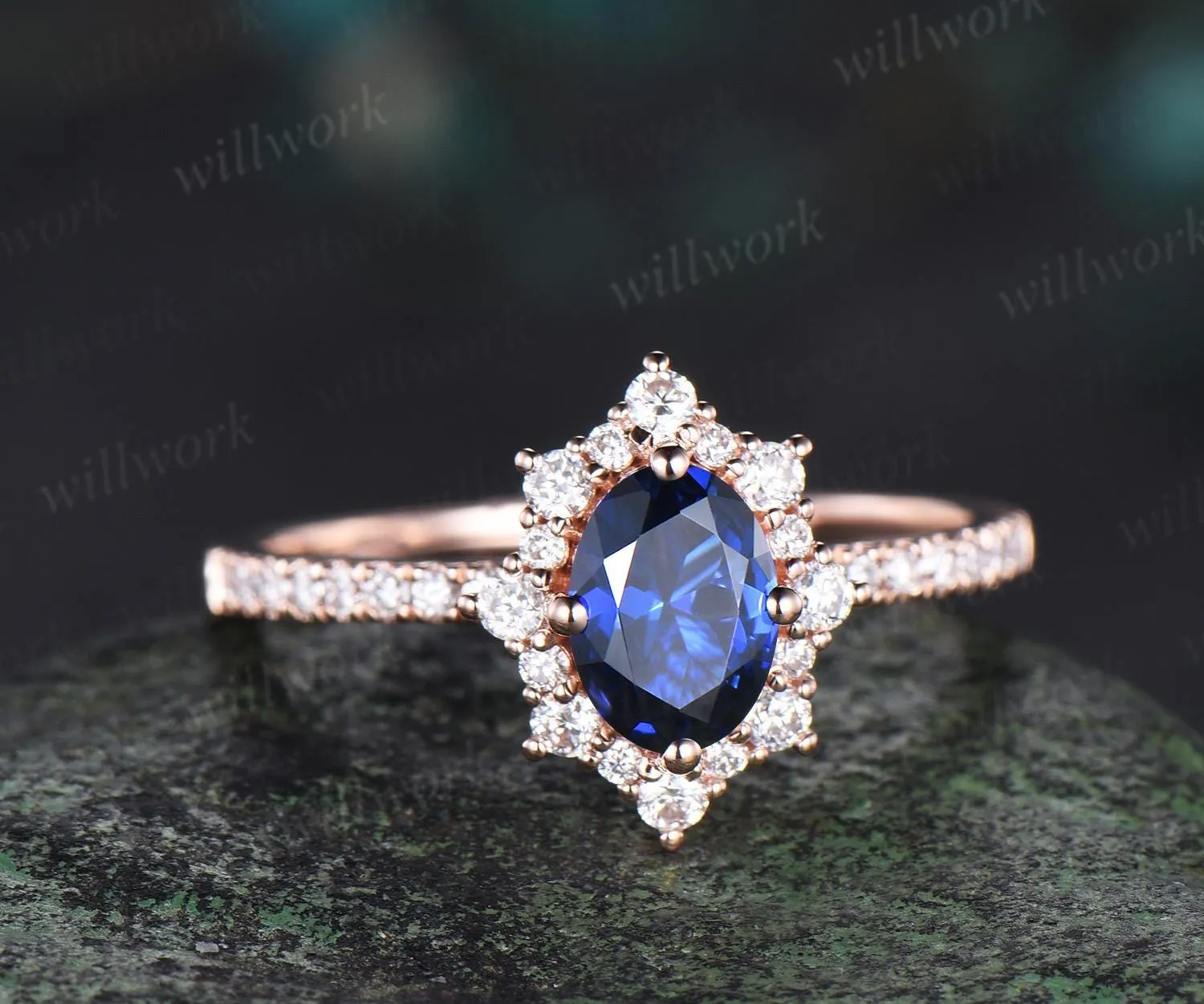 1ct oval cut sapphire engagement ring snowdrift halo diamond 14k rose gold ring women half eternity unique wedding promise ring sold by Willwork Jewelry product image thumbnail 2