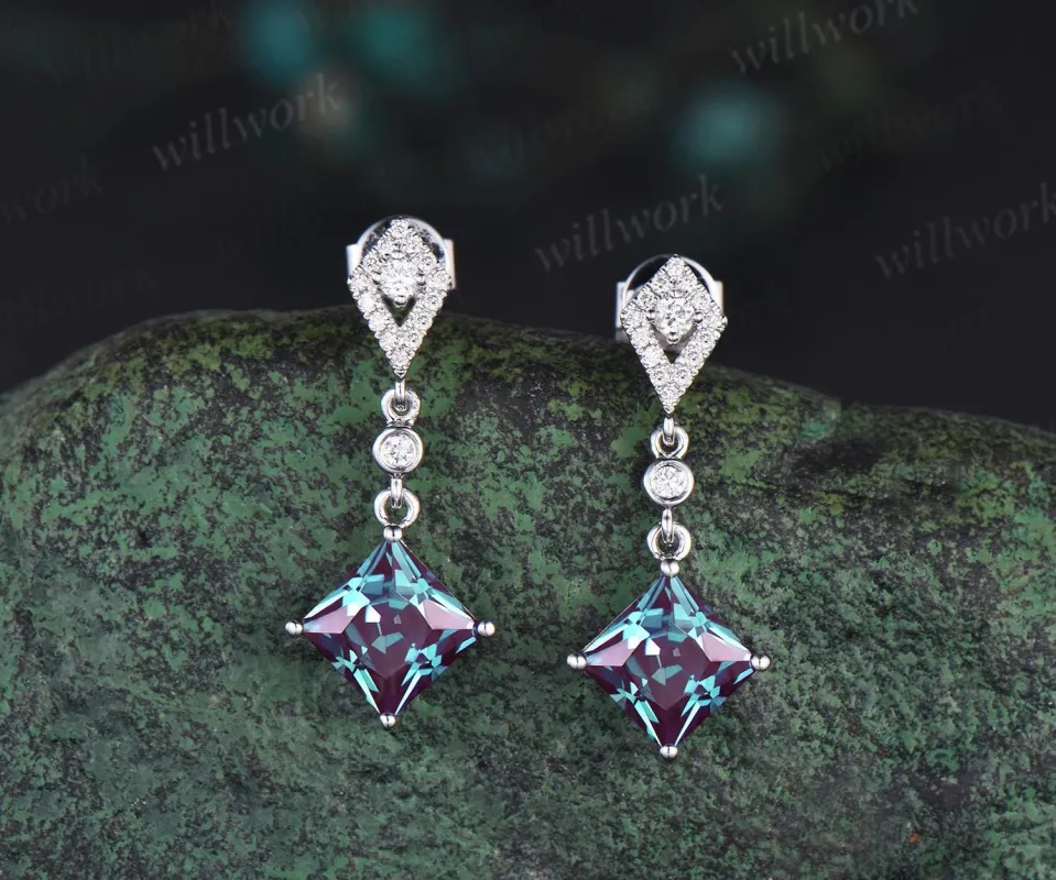 Vintage princess cut alexandrite earrings 14k white gold halo diamond drop earrings women June birthstone dainty anniversary gift for her sold by Willwork Jewelry