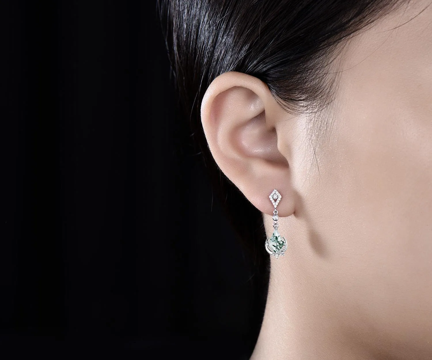 Moon kite cut natural moss agate earrings women solid 14k yellow gold cluster diamond drop earrings anniversary gift for mother her sold by Willwork Jewelry product image thumbnail 4