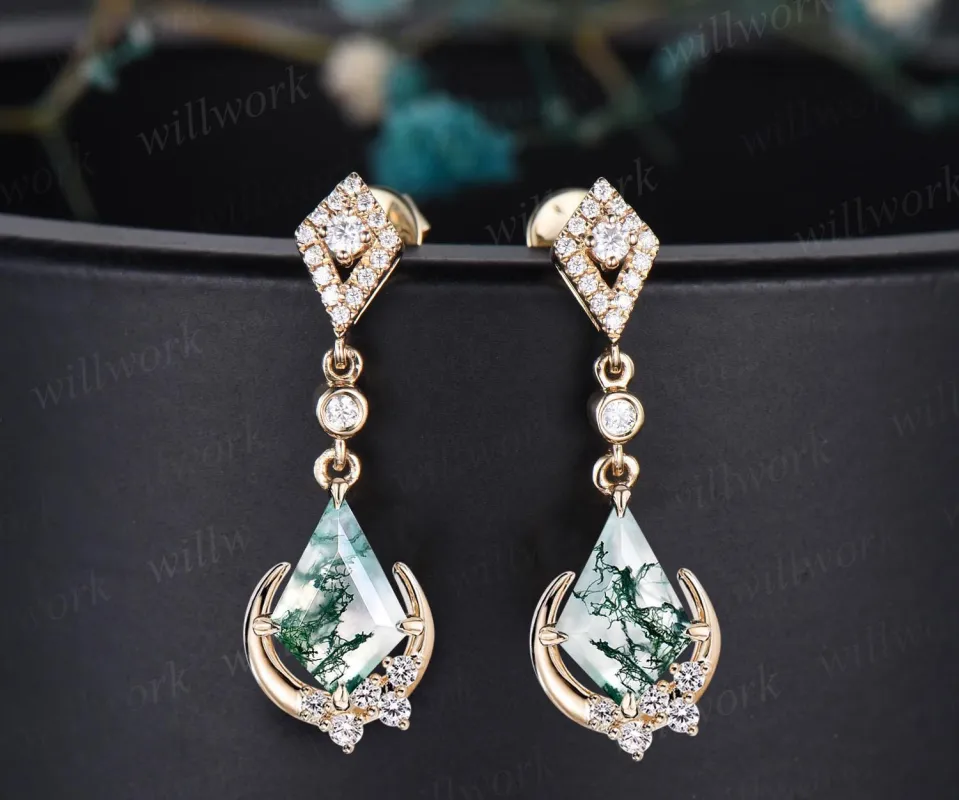 Moon kite cut natural moss agate earrings women solid 14k yellow gold cluster diamond drop earrings anniversary gift for mother her sold by Willwork Jewelry