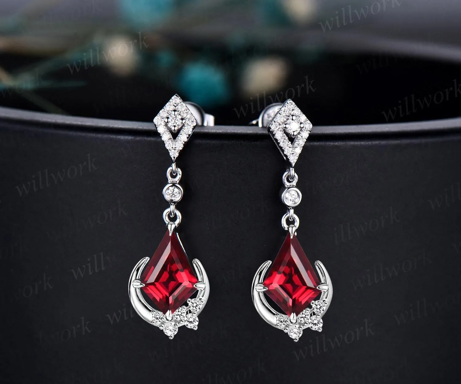 Moon kite cut red ruby earrings women solid 14k yellow gold bezel cluster diamond drop earrings anniversary gift for mother her sold by Willwork Jewelry product image thumbnail 3