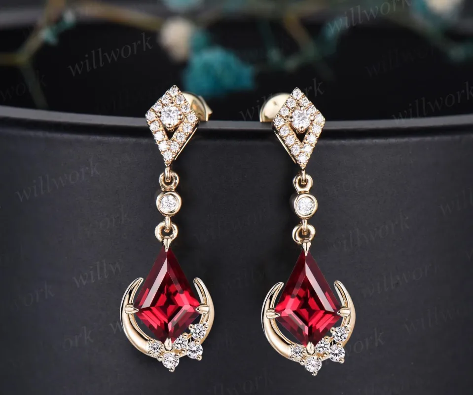 Moon kite cut red ruby earrings women solid 14k yellow gold bezel cluster diamond drop earrings anniversary gift for mother her sold by Willwork Jewelry
