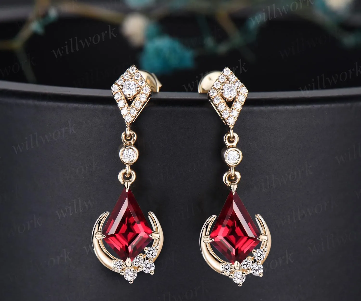 Moon kite cut red ruby earrings women solid 14k yellow gold bezel cluster diamond drop earrings anniversary gift for mother her sold by Willwork Jewelry