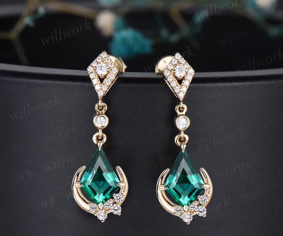 Moon kite cut green emerald earrings women solid 14k yellow gold retro cluster diamond unique drop earrings anniversary gift for mother her sold by Willwork Jewelry