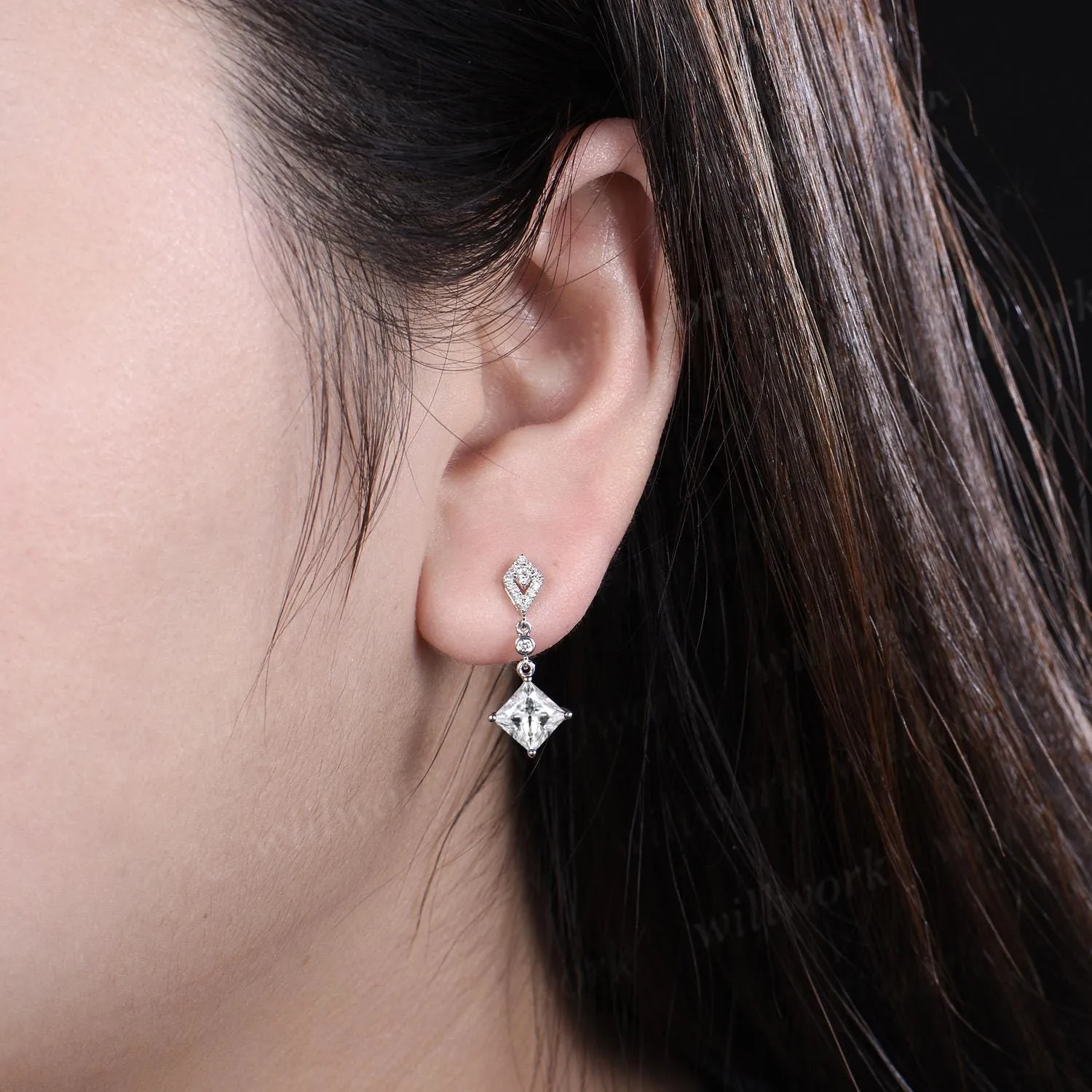 1ct princess cut moissanite earrings women solid 14k white gold bezel kite halo diamond drop earrings anniversary gift for her mother sold by Willwork Jewelry product image thumbnail 3