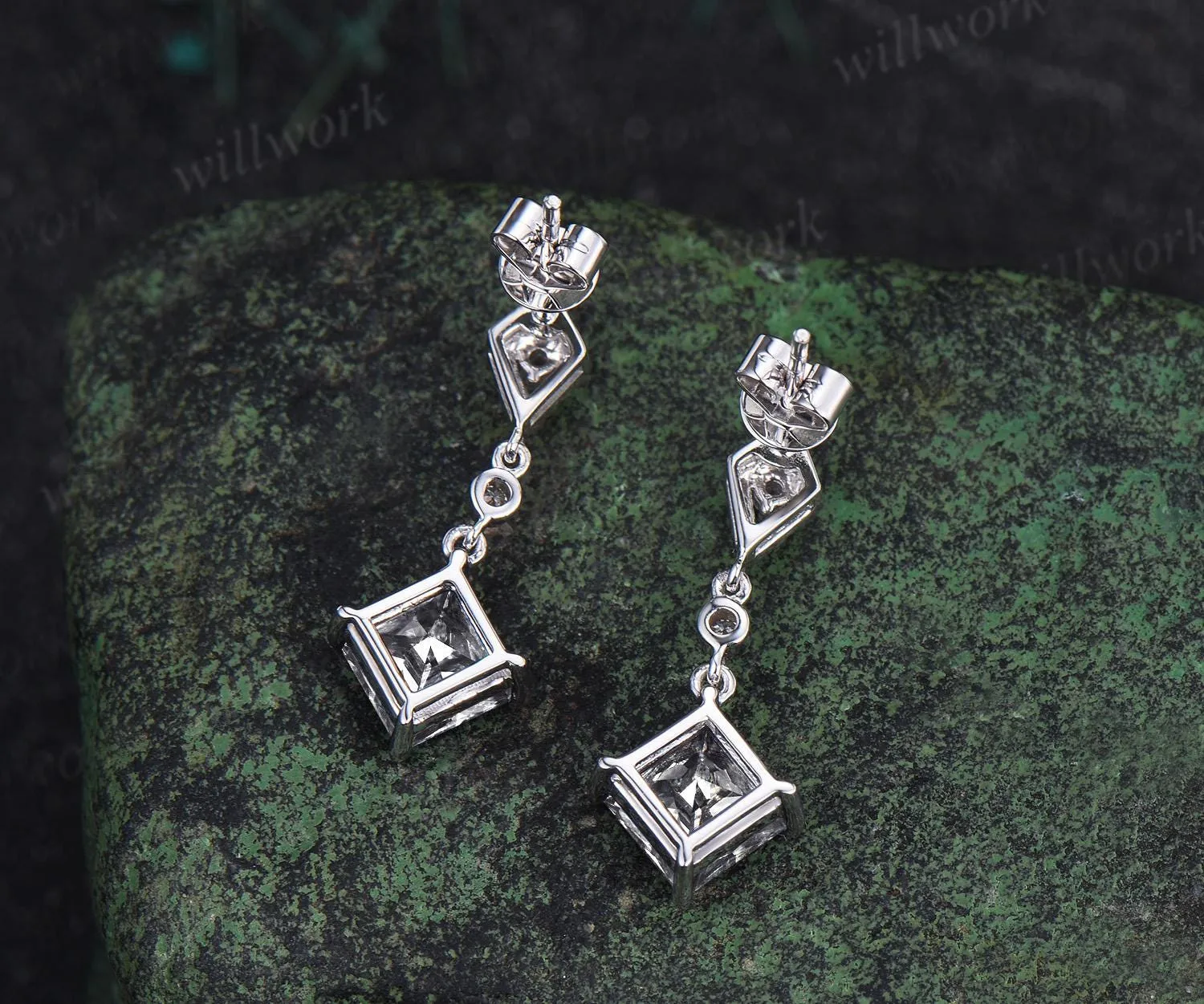 1ct princess cut moissanite earrings women solid 14k white gold bezel kite halo diamond drop earrings anniversary gift for her mother sold by Willwork Jewelry product image thumbnail 4