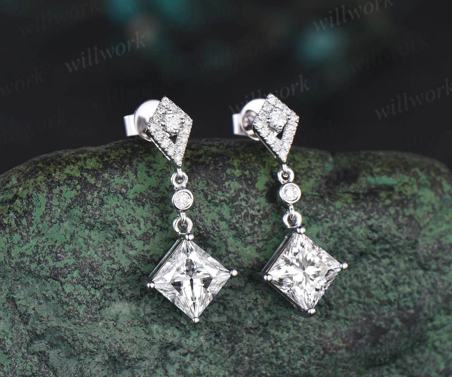 1ct princess cut moissanite earrings women solid 14k white gold bezel kite halo diamond drop earrings anniversary gift for her mother sold by Willwork Jewelry product image thumbnail 2