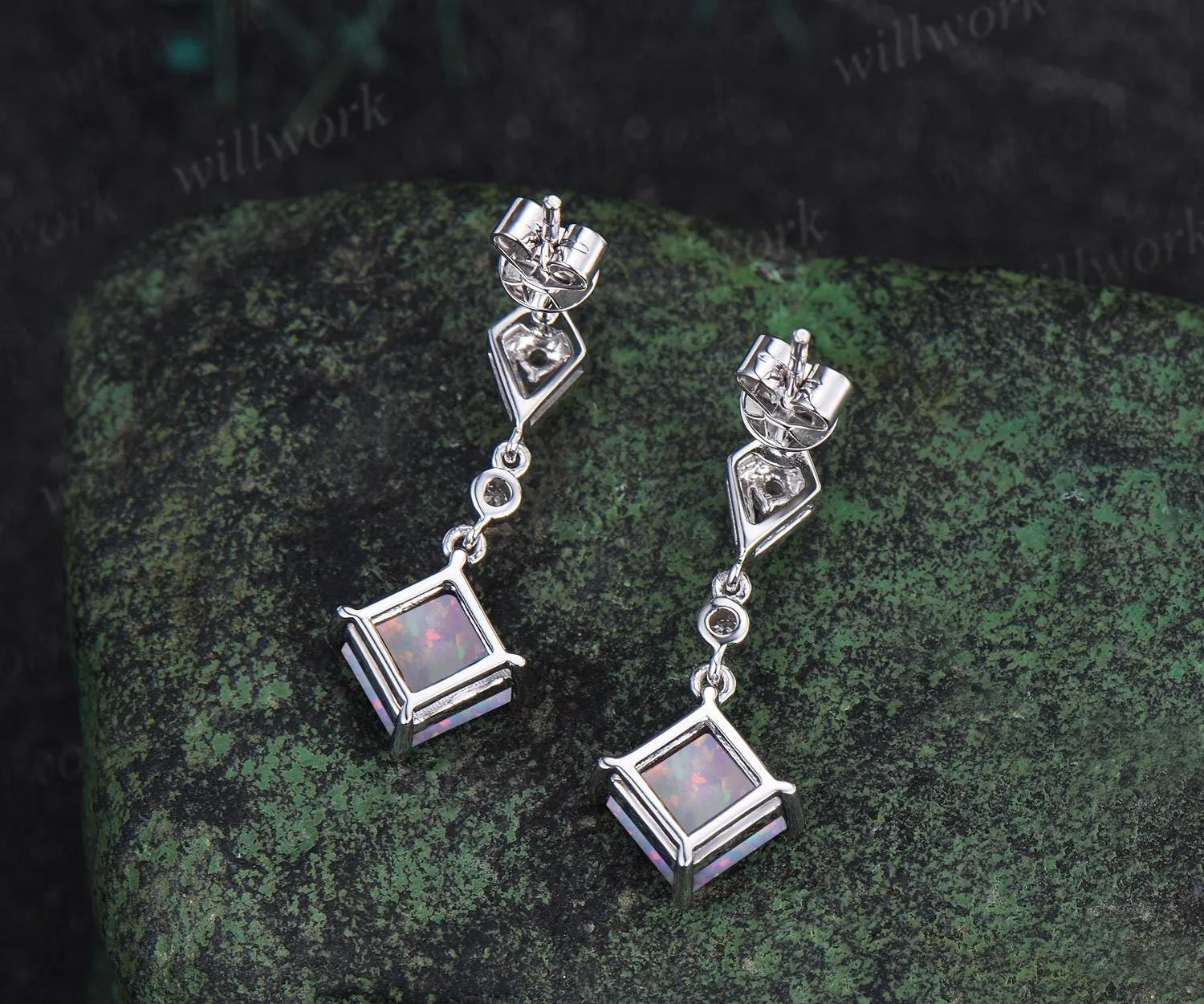 Square opal earrings vintage kite shaped halo diamond white gold drop earrings unique anniversary gift women October birthstone sold by Willwork Jewelry product image thumbnail 4