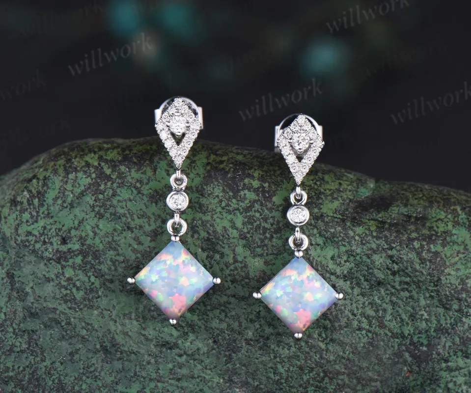 Square opal earrings vintage kite shaped halo diamond white gold drop earrings unique anniversary gift women October birthstone made by Willwork Jewelry