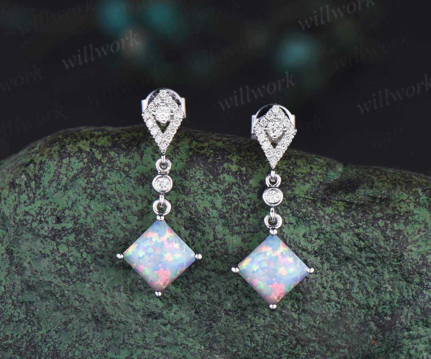 Square opal earrings vintage kite shaped halo diamond white gold drop earrings unique anniversary gift women October birthstone sold by Willwork Jewelry