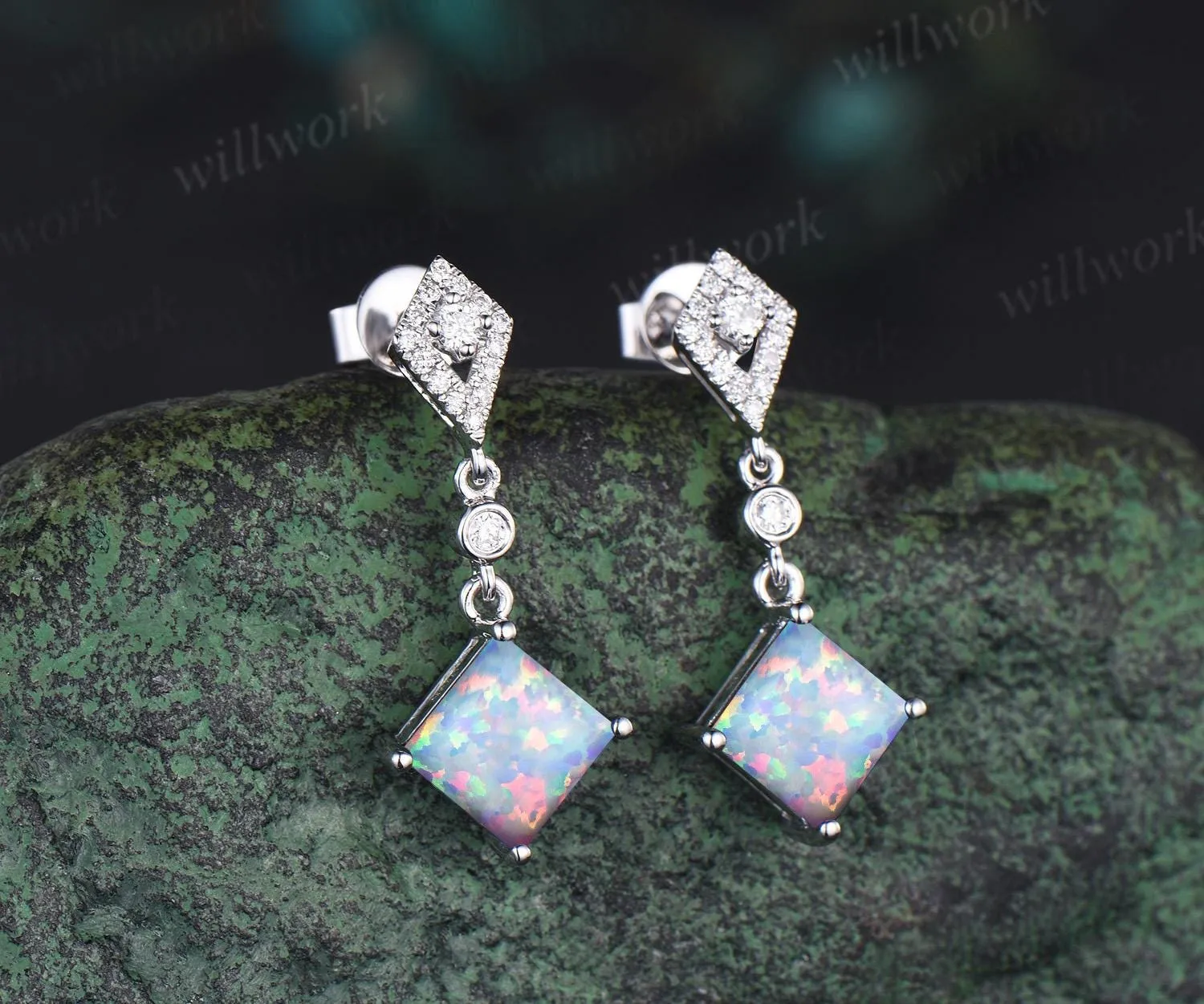 Square opal earrings vintage kite shaped halo diamond white gold drop earrings unique anniversary gift women October birthstone sold by Willwork Jewelry product image thumbnail 2