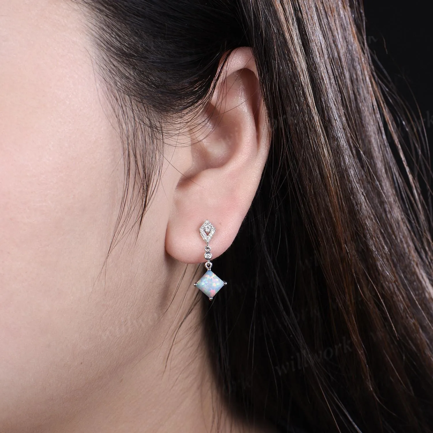 Square opal earrings vintage kite shaped halo diamond white gold drop earrings unique anniversary gift women October birthstone sold by Willwork Jewelry product image thumbnail 3